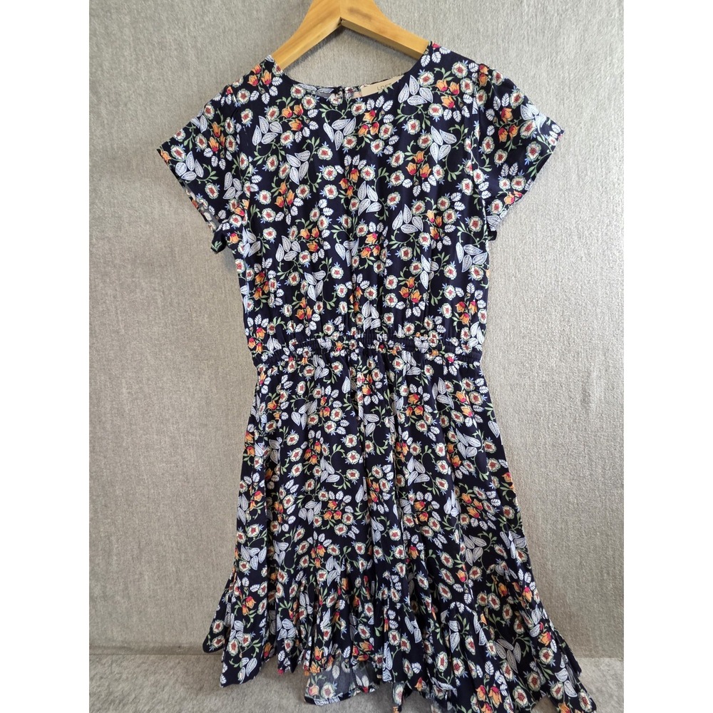 LOFT Dress M Petite Navy Floral Fit & Flare Short Ruffle Hem Prairie Peasant